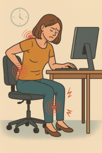 Illustration d’une femme assise à son bureau, adoptant une mauvaise posture et souffrant de douleurs au cou, au bas du dos et au genou, mises en évidence par des symboles rouges.