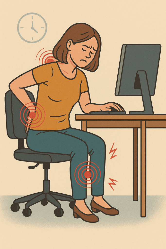 Illustration d’une femme assise à son bureau, adoptant une mauvaise posture et souffrant de douleurs au cou, au bas du dos et au genou, mises en évidence par des symboles rouges.