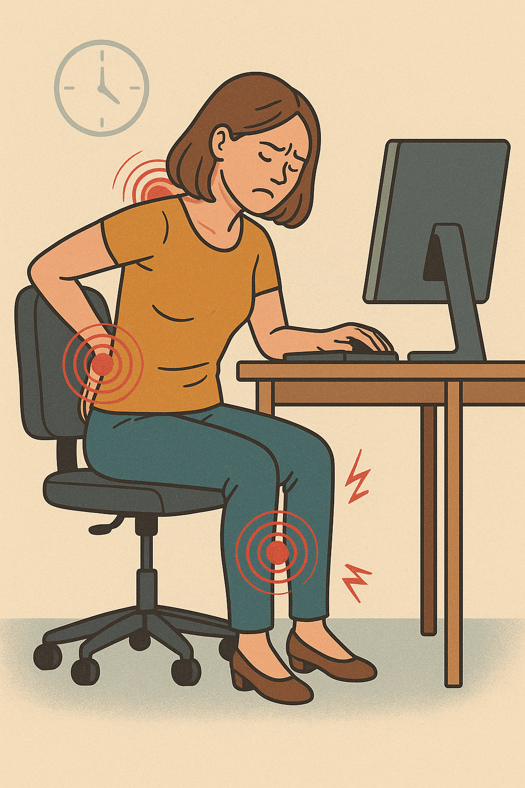 Illustration d’une femme assise à son bureau, adoptant une mauvaise posture et souffrant de douleurs au cou, au bas du dos et au genou, mises en évidence par des symboles rouges.