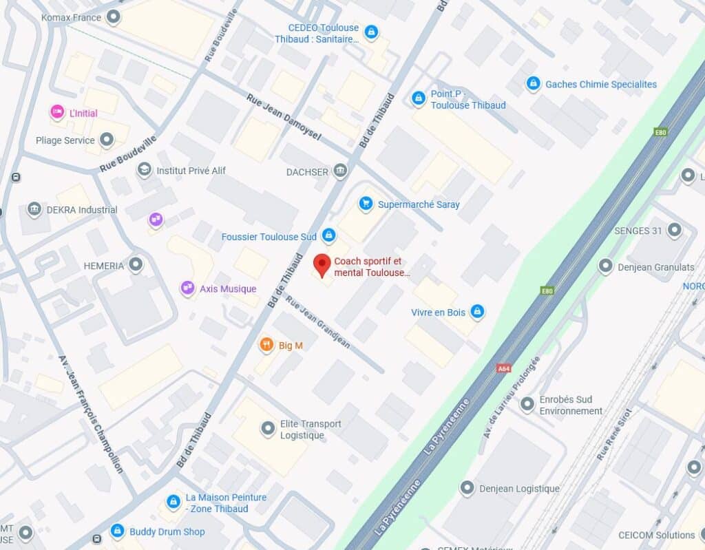 Carte de Toulouse, zone Thibaud. Marqueur sur Coach sportif et mental Toulouse, près de Bd de Thibaud, A64, DEKRA et Supermarché Saray.